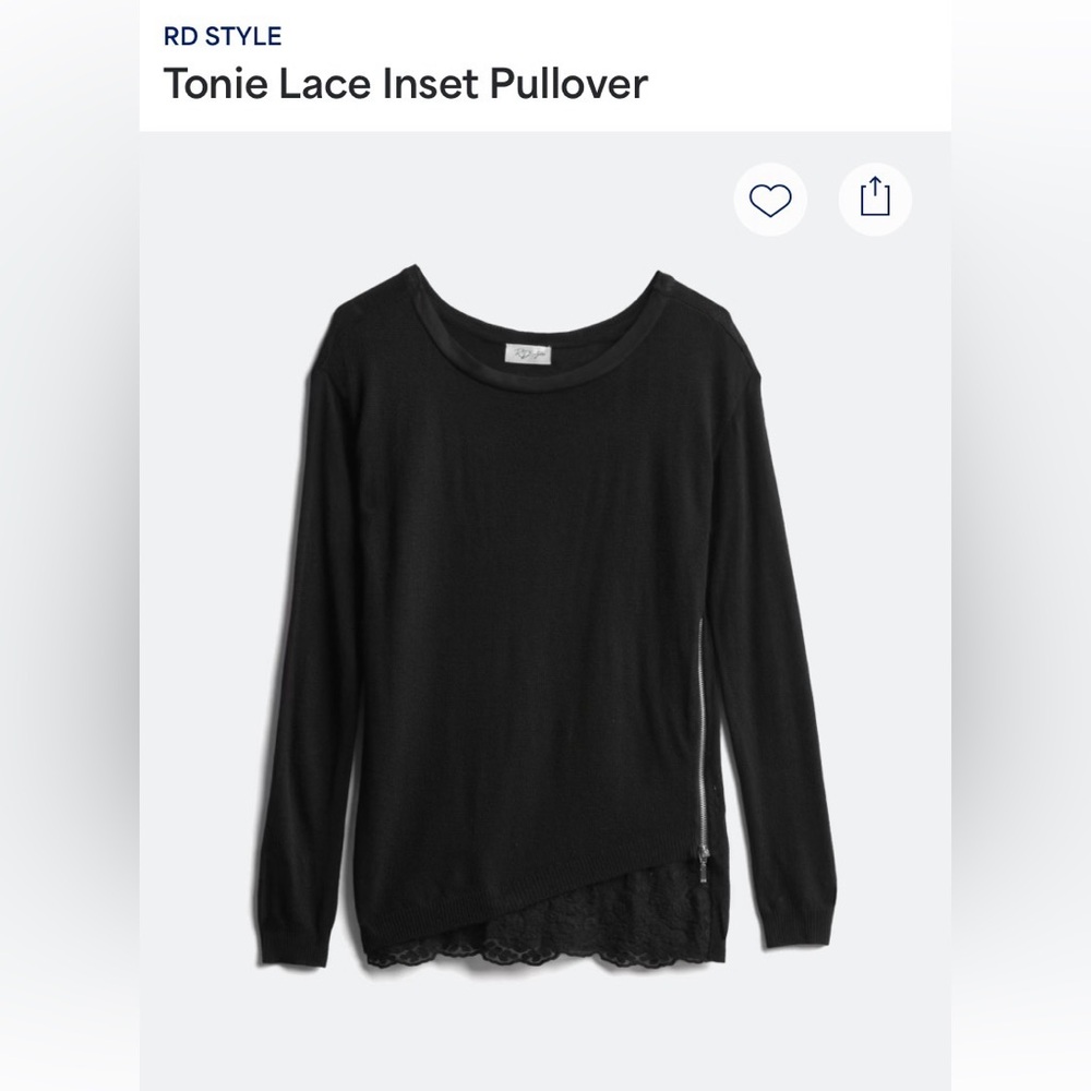 RD Style Black Sweater | Size Large | Side Zip & Lace Trim | 21.75” Sleeve